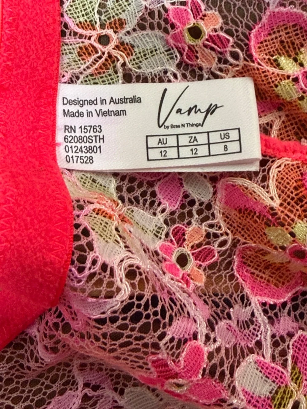 Vamp Pink Floral Embroidered Lace Underwire Sheer Bra & Panty Set 36DD Lingerie